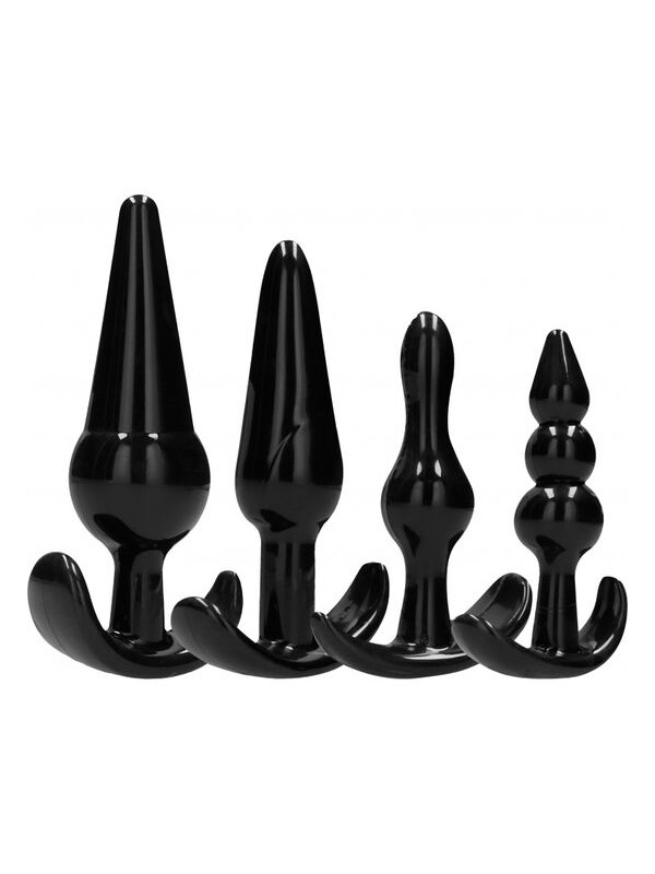 Set de 4 plugs anales negros en progresión de tamaños con bases ergonómicas aplanadas