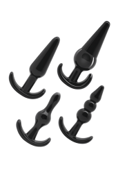 Detalle de los 4 plugs anales negros mostrando formas y tamaños progresivos