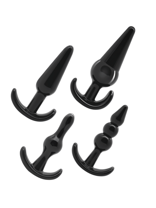Detalle de los 4 plugs anales negros mostrando formas y tamaños progresivos