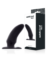 Plug anal negro Addicted Toys Spot junto a su caja, que indica anal plug de 12 cm