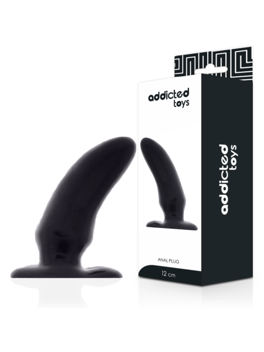 Plug anal negro Addicted Toys Spot junto a su caja, que indica anal plug de 12 cm
