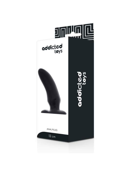 Caja blanca y negra del Addicted Toys Anal Plug Spot con el plug curvo impreso y la medida de 12 cm