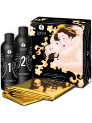 Kit Shunga Oriental Body Slide melón y mango: caja, dos botes de 250 ml y sábana dorada