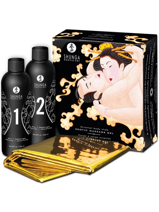 Kit Shunga Oriental Body Slide melón y mango: caja, dos botes de 250 ml y sábana dorada