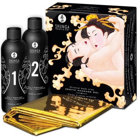 Kit Shunga Oriental Body Slide melón y mango: caja, dos botes de 250 ml y sábana dorada