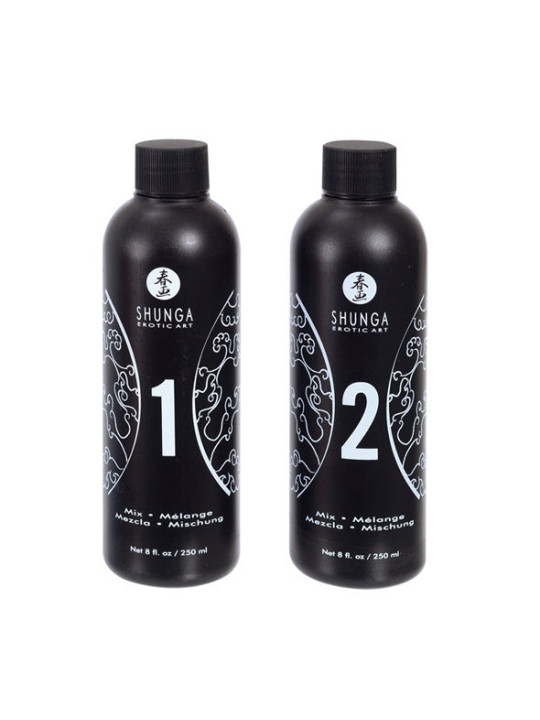 Los dos botes de 250 ml del gel de masaje Shunga Oriental Body Slide, numerados 1 y 2