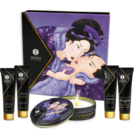 Kit Shunga Secret Geisha Frutas Exóticas con los cinco productos delante de su caja ilustrada