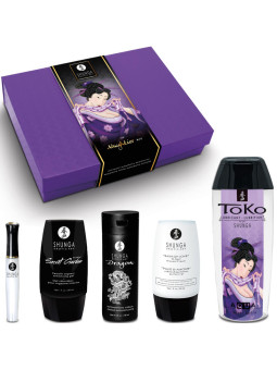 Caja del Shunga Naughtier Kit con sus cinco cosméticos delante, entre ellos el lubricante Toko Aqua de 165 ml