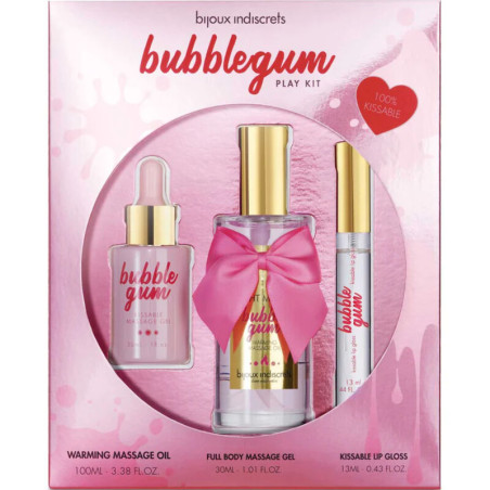 Estuche rosa Bubblegum Play Kit de Bijoux Indiscrets con aceite calor 100 ml, gel de masaje 30 ml y brillo de labios 13 ml