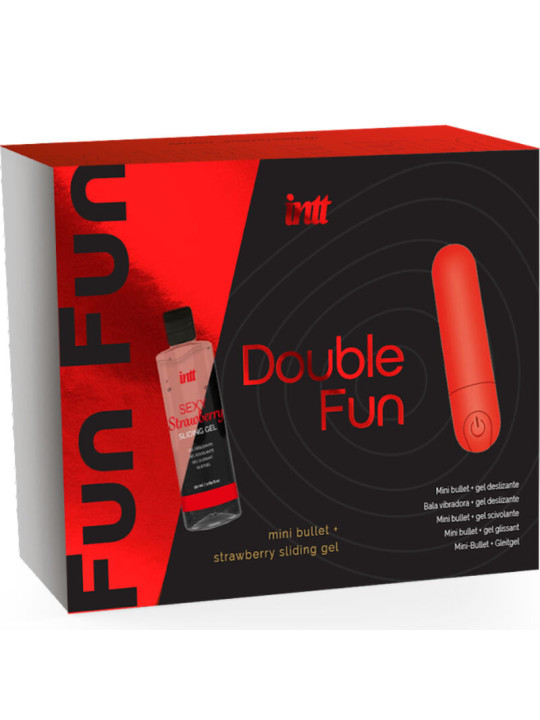 Caja del kit Intt Double Fun con bala vibradora roja mini y gel deslizante Sexy Strawberry de 50 ml