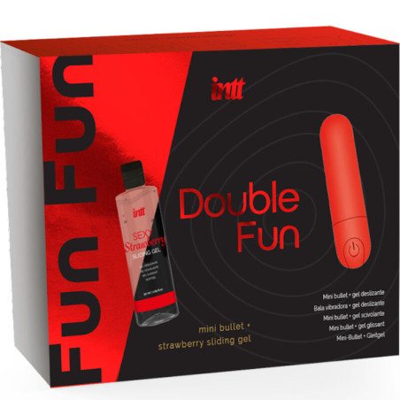 Caja del kit Intt Double Fun con bala vibradora roja mini y gel deslizante Sexy Strawberry de 50 ml