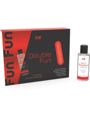 Kit Intt Double Fun: caja negra y roja junto al frasco de gel deslizante de fresa de 50 ml
