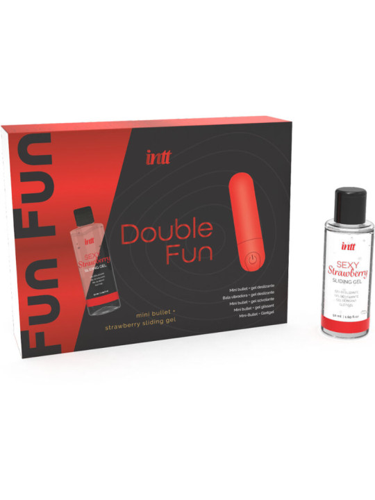 Kit Intt Double Fun: caja negra y roja junto al frasco de gel deslizante de fresa de 50 ml