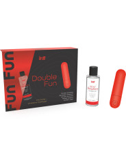 Contenido del kit Intt Double Fun: bala vibradora roja de un botón y gel Sexy Strawberry de fresa