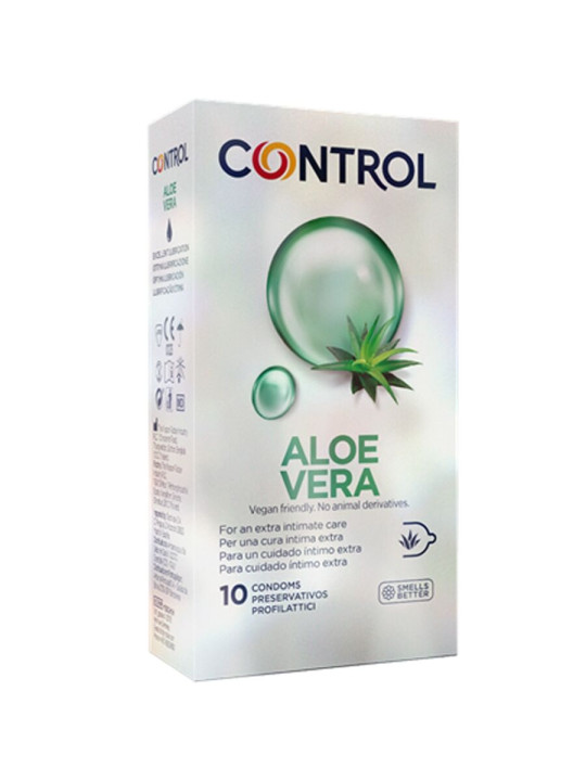 Caja de 10 preservativos Control Aloe Vera, con la burbuja verde y la hoja de aloe del frontal
