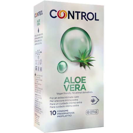 Caja de 10 preservativos Control Aloe Vera, con la burbuja verde y la hoja de aloe del frontal