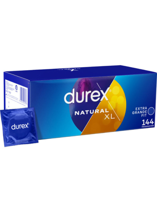 Caja de 144 preservativos Durex Natural XL Extra Grande Fit con un sobre individual azul en primer plano