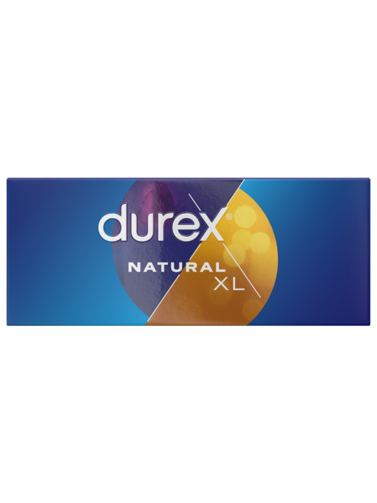 Frontal de la caja azul Durex Natural XL de 144 preservativos extra grandes con el logotipo de Durex