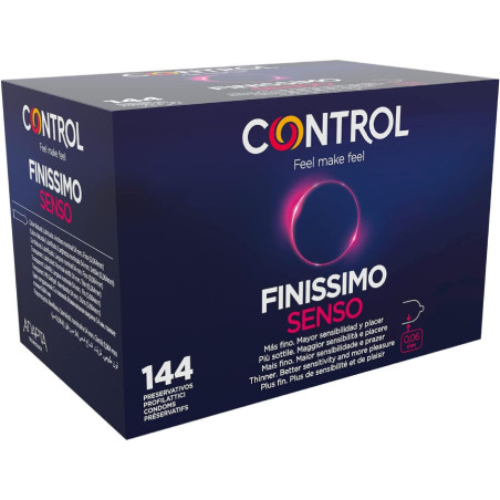 Caja de 144 preservativos Control Finissimo Senso, azul oscuro con anillo rosa y grosor de 0,06 mm