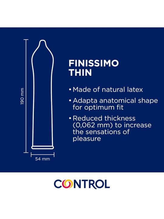 Ficha de medidas de Control Finissimo: 190 mm de largo, 54 mm de anchura nominal, látex natural y forma Adapta