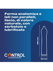 Esquema del preservativo Control Nature: forma anatómica Adapta, 190 mm de largo y 54 mm de anchura nominal