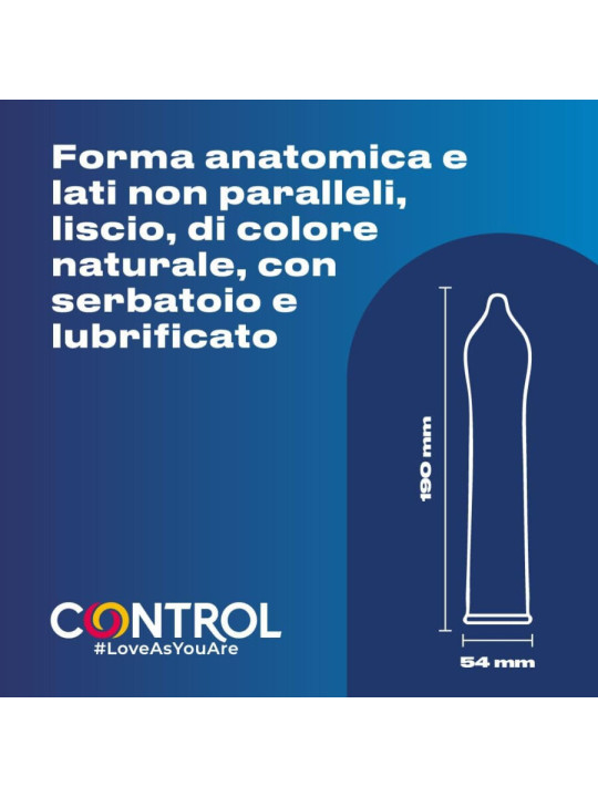 Esquema del preservativo Control Nature: forma anatómica Adapta, 190 mm de largo y 54 mm de anchura nominal