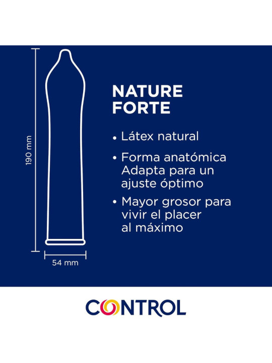Esquema del Control Nature Forte: látex natural, forma Adapta, mayor grosor, 190 mm de largo y 54 mm de ancho