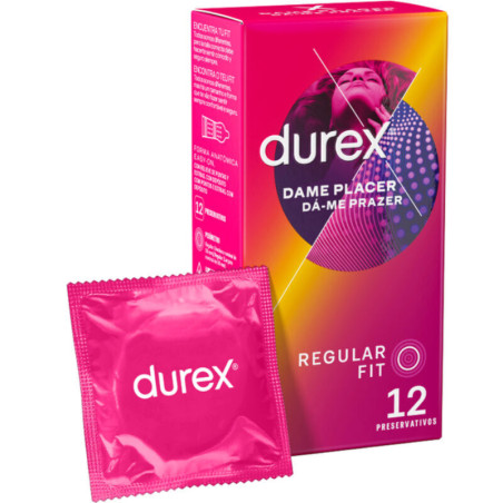 Caja de 12 preservativos Durex Dame Placer Regular Fit junto a un sobre individual rosa de Durex