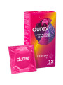 Caja de 12 preservativos Durex Dame Placer Regular Fit junto a un sobre individual rosa de Durex