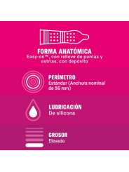 Ficha Durex Dame Placer: forma Easy-On con puntos y estrías, anchura nominal 56 mm, lubricación de silicona y grosor elevado