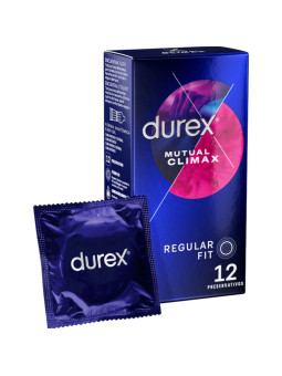 Caja de 12 preservativos Durex Mutual Climax Regular Fit con un sobre individual delante