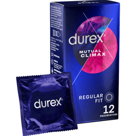 Caja de 12 preservativos Durex Mutual Climax Regular Fit con un sobre individual delante