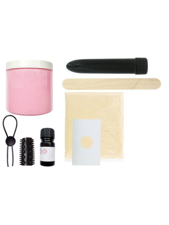 Componentes del Cloneboy con vibrador: bote de silicona, polvo de moldeo, vibrador negro y lazo