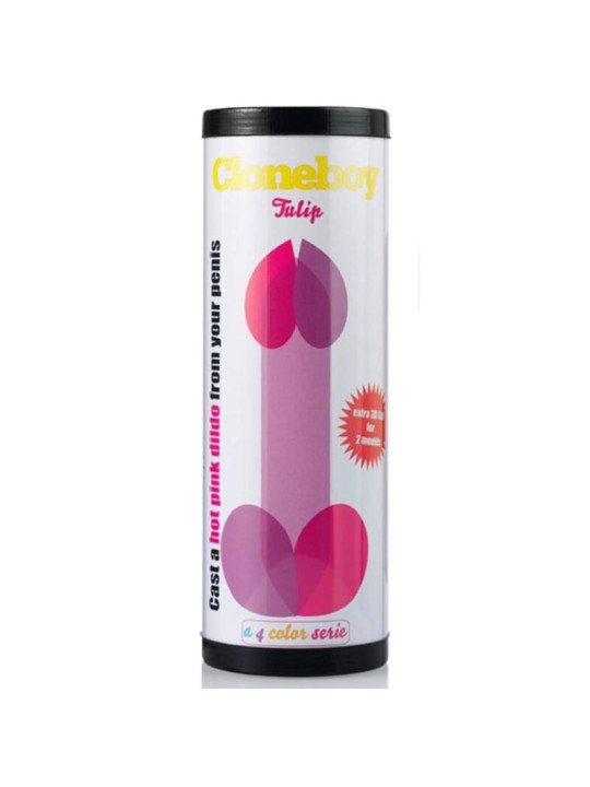 Envase cilíndrico del kit clonador Cloneboy Tulip, que hace de molde para el dildo de silicona rosa