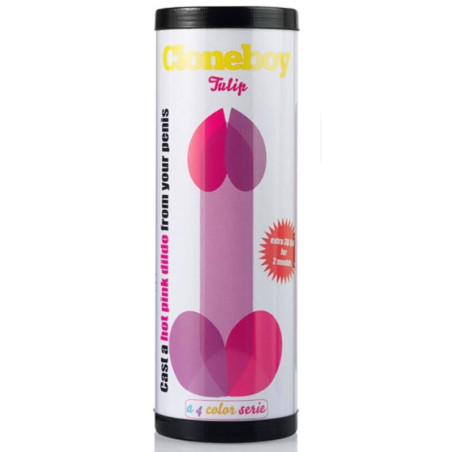 Envase cilíndrico del kit clonador Cloneboy Tulip, que hace de molde para el dildo de silicona rosa