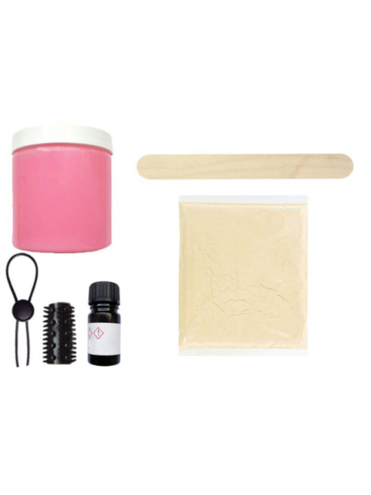 Contenido del kit Cloneboy Tulip: bote de silicona rosa, anillo de lazo, funda, endurecedor y polvo de moldeo