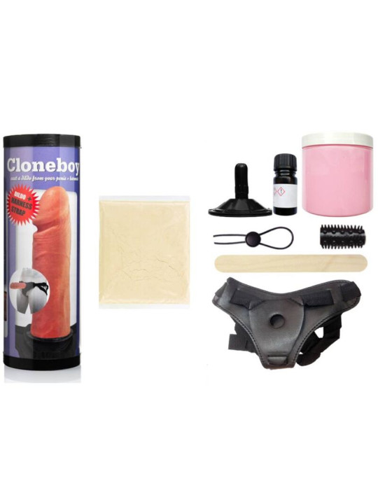 Contenido del kit Cloneboy: envase, polvo de moldeo, silicona, anillo, ventosa, funda, espátula y arnés