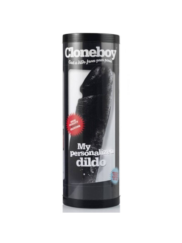 Kit Cloneboy Clonador de Pene en su envase cilíndrico negro con el clon de silicona a la vista