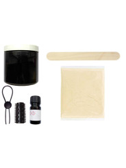 Contenido del kit Cloneboy: bote de silicona, endurecedor, alginato, espátula de madera, anillo de lazo y funda texturizada