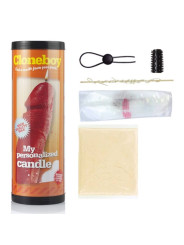 Kit Cloneboy Candle con su contenido: bote, anillo lazo, funda texturizada, mecha con varillas, parafina y polvo de moldeo