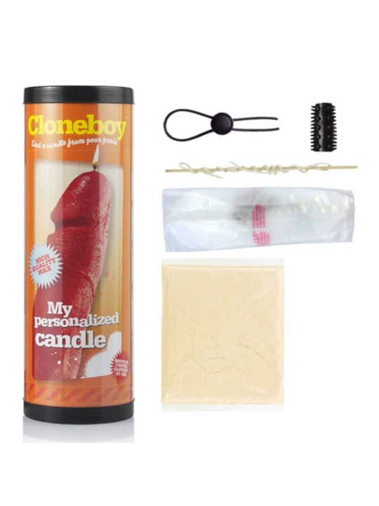 Kit Cloneboy Candle con su contenido: bote, anillo lazo, funda texturizada, mecha con varillas, parafina y polvo de moldeo
