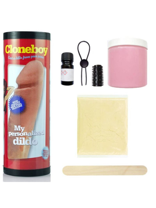 Kit Cloneboy con su tubo, frasco catalizador, anillo lazo, funda texturizada, bote de silicona, polvo de moldeo y espátula