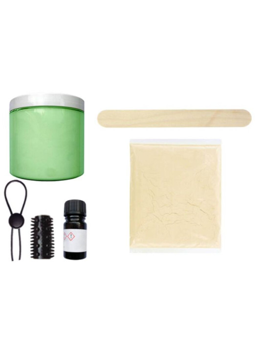 Contenido del Cloneboy Glow: bote de silicona verde, varilla de madera, bolsa de gel 3D, anillo lazo, funda y endurecedor