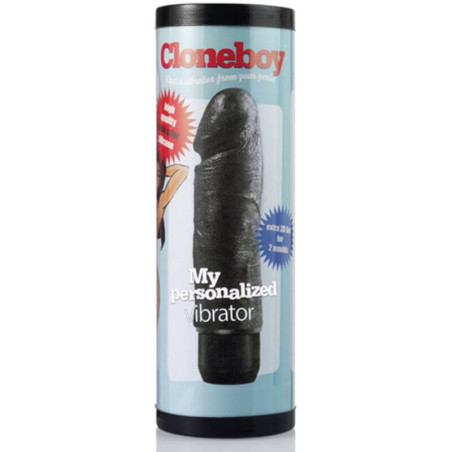 Caja cilíndrica del kit Cloneboy My Personalized Vibrator con la réplica de pene en silicona negra