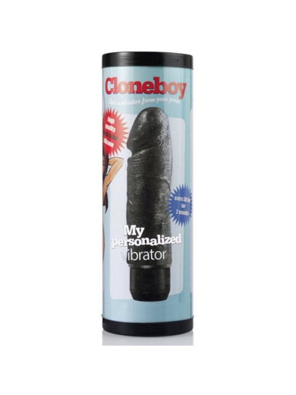 Caja cilíndrica del kit Cloneboy My Personalized Vibrator con la réplica de pene en silicona negra