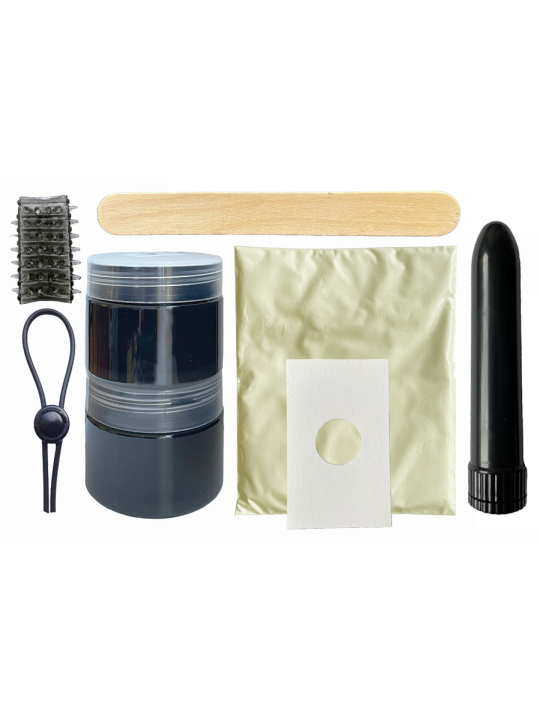 Contenido del kit Cloneboy: botes de silicona, gel de moldeo, espátula, lazo, funda con relieve y vibrador