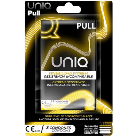 Blíster de 3 preservativos Uniq Pull sin látex, con el sobre negro y dorado del producto