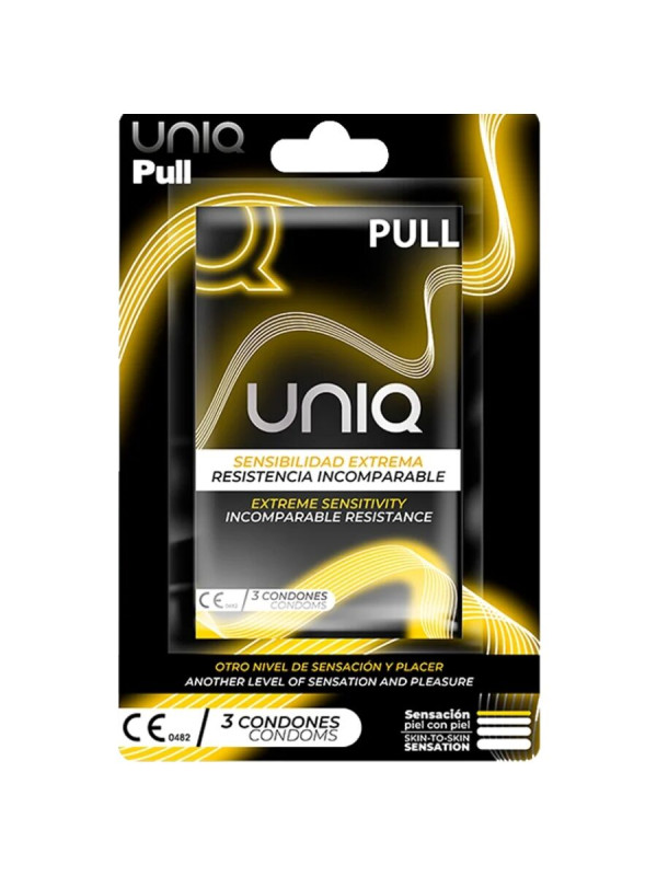Blíster de 3 preservativos Uniq Pull sin látex, con el sobre negro y dorado del producto
