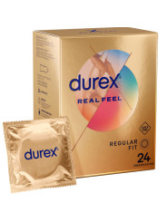 Estuche dorado de 24 preservativos Durex Real Feel sin látex junto a un envoltorio individual