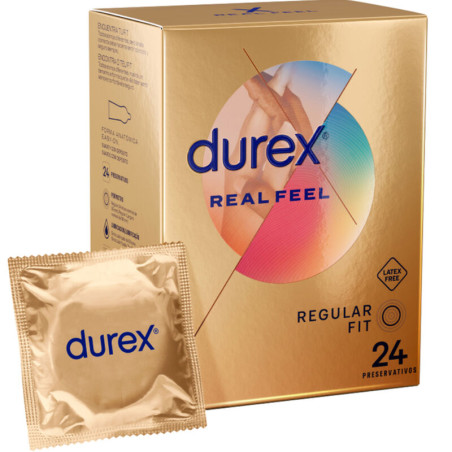 Estuche dorado de 24 preservativos Durex Real Feel sin látex junto a un envoltorio individual